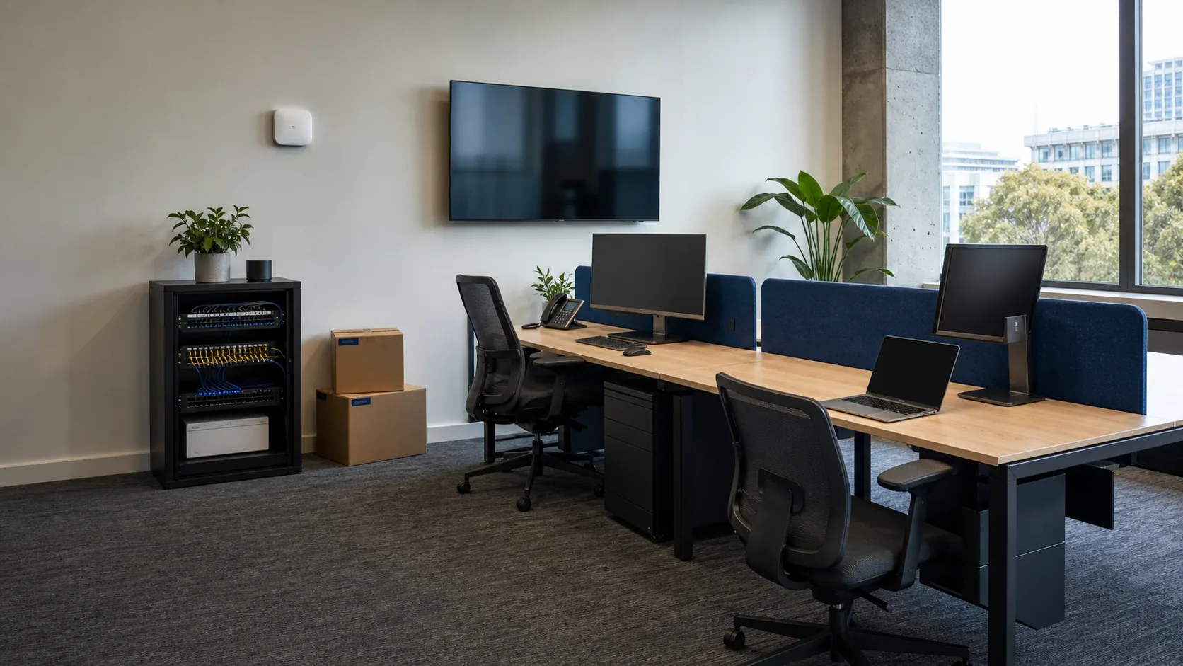 A newly equipped office with workstations, networking and meeting technology