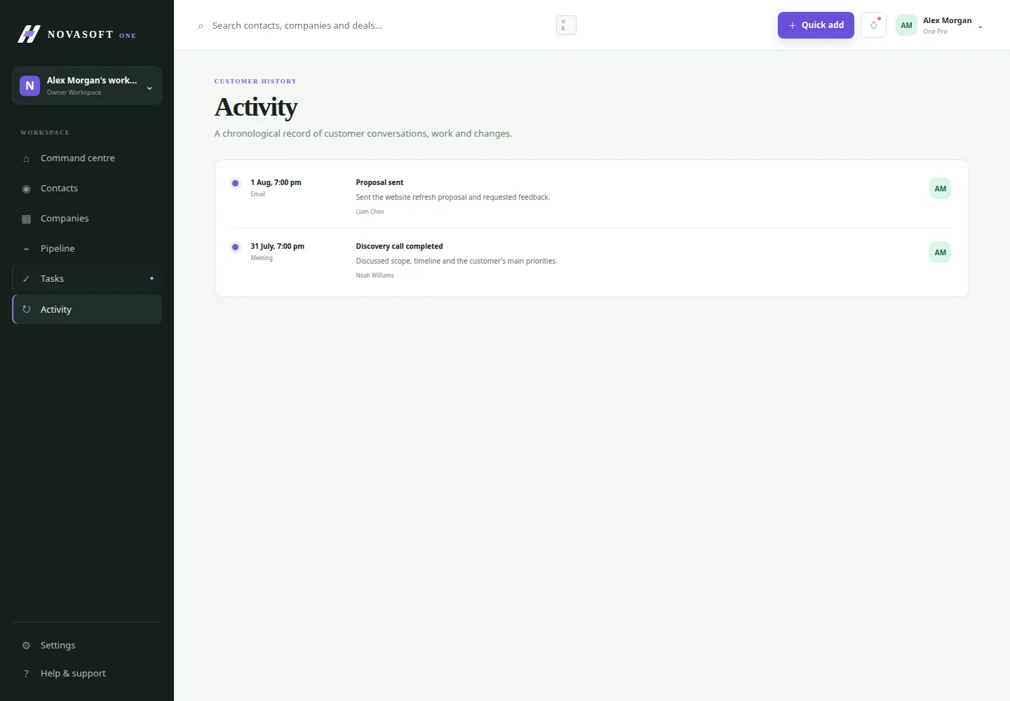 NovaSoft One activity timeline
