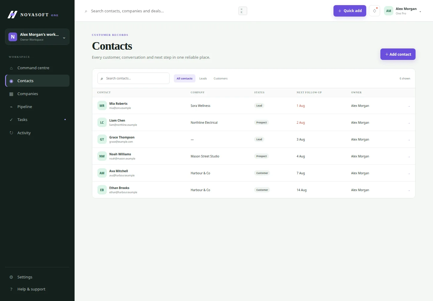 NovaSoft One contacts list