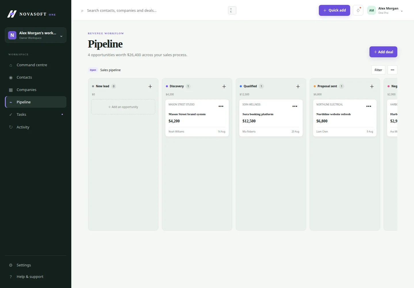 NovaSoft One visual deal pipeline