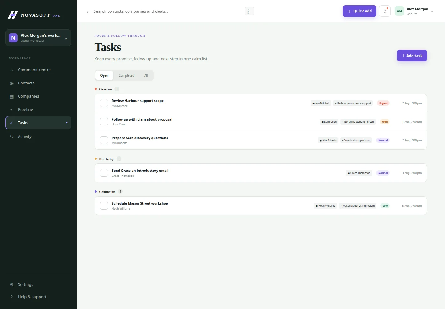 NovaSoft One tasks organised by urgency